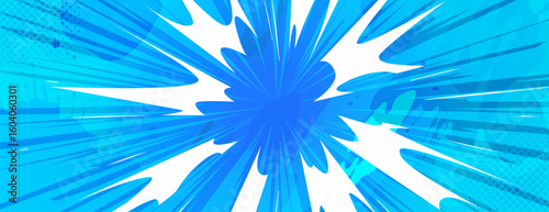 Anime explosion radiating bright blue energy beams outward from center. Comic style burst with dynamic motion, sharp rays on bright halftone background for manga battle scenes and superhero action.