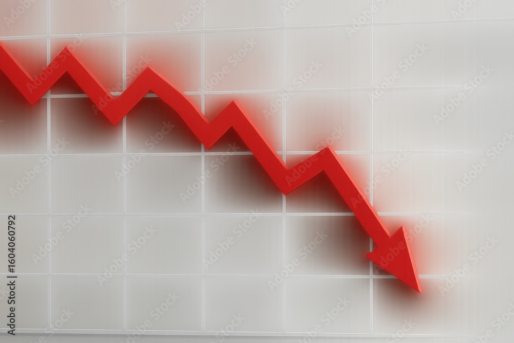 Obraz premium Red declining arrow on a light background representing financial loss and downward trend in business performance metrics and economic indicators