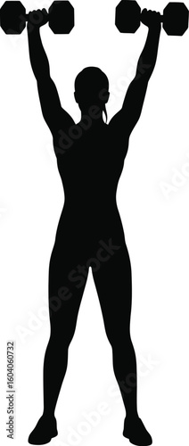 Silhouette of a woman lifting dumbbells overhead in a fitness exercise routine