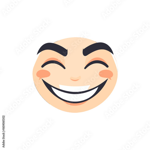 Joyful bald cartoon face with a wide toothy grin and closed eyes.
