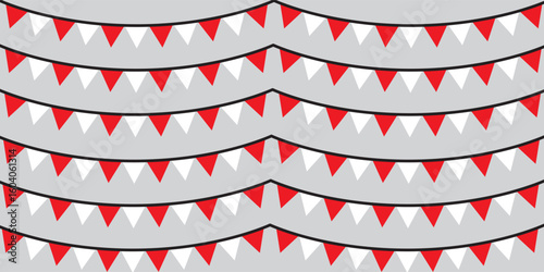 Bunting flags, carnival party flags, white and red festive pennants hanging on a rope. Festival vector decoration. EPS 10.