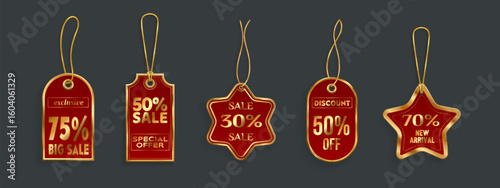 Red sale tags with gold string attachments - promotional price labels with discounts text signs. Retail marketing badges for exclusive offers, special deals, new arrivals with elegant golden borders