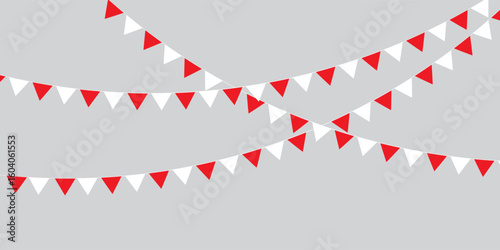 Bunting flags, carnival party flags, white and red festive pennants hanging on a rope. Festival vector decoration. EPS 10.