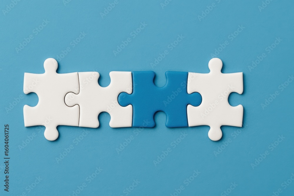 Fototapeta premium Creative Concept of Puzzle Pieces with a Missing Element Representing Strategy, Problem Solving, Collaboration, Teamwork, and Innovation on a Blue Background