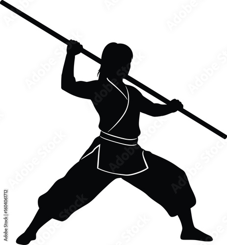Silhouette of a Martial Artist in Action with Staff Weapon on Isolated White Background