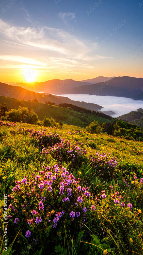 Fototapeta premium Golden Sunrise Over Mountains: A breathtaking vista unfolds as the sun ascends over majestic mountains, casting a warm glow across a valley filled with a sea of mist, wildflowers in foreground.