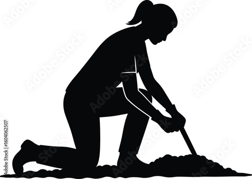 Silhouette of a Woman Gardening with a Shovel on Her Knees Isolated on White