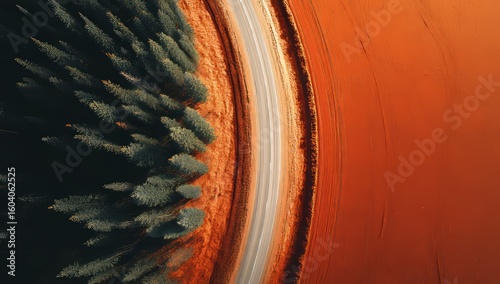 A serpentine road forks into two disparate landscapes, one teeming with lush forest and the other characterized by arid desert, embodying the consequences of climate change and environmental damage