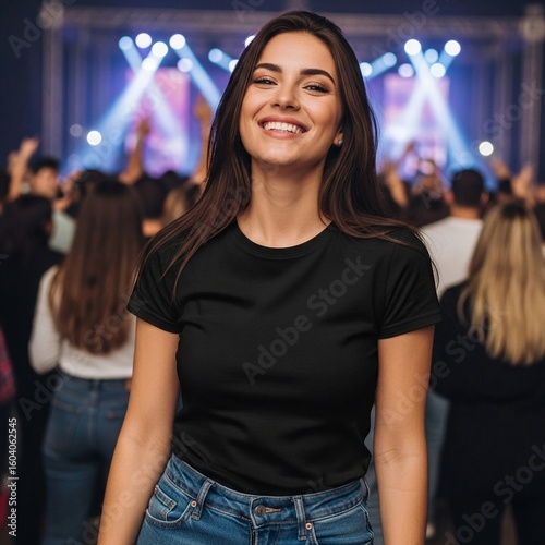 a 20 year old pretty woman smiling  wearing a blank black t-shirt at concert, mockup, adult, casual, clothing, style, outdoors, concert, people, summer, crowd, lifestyle, trendy, youth, outfit, model
