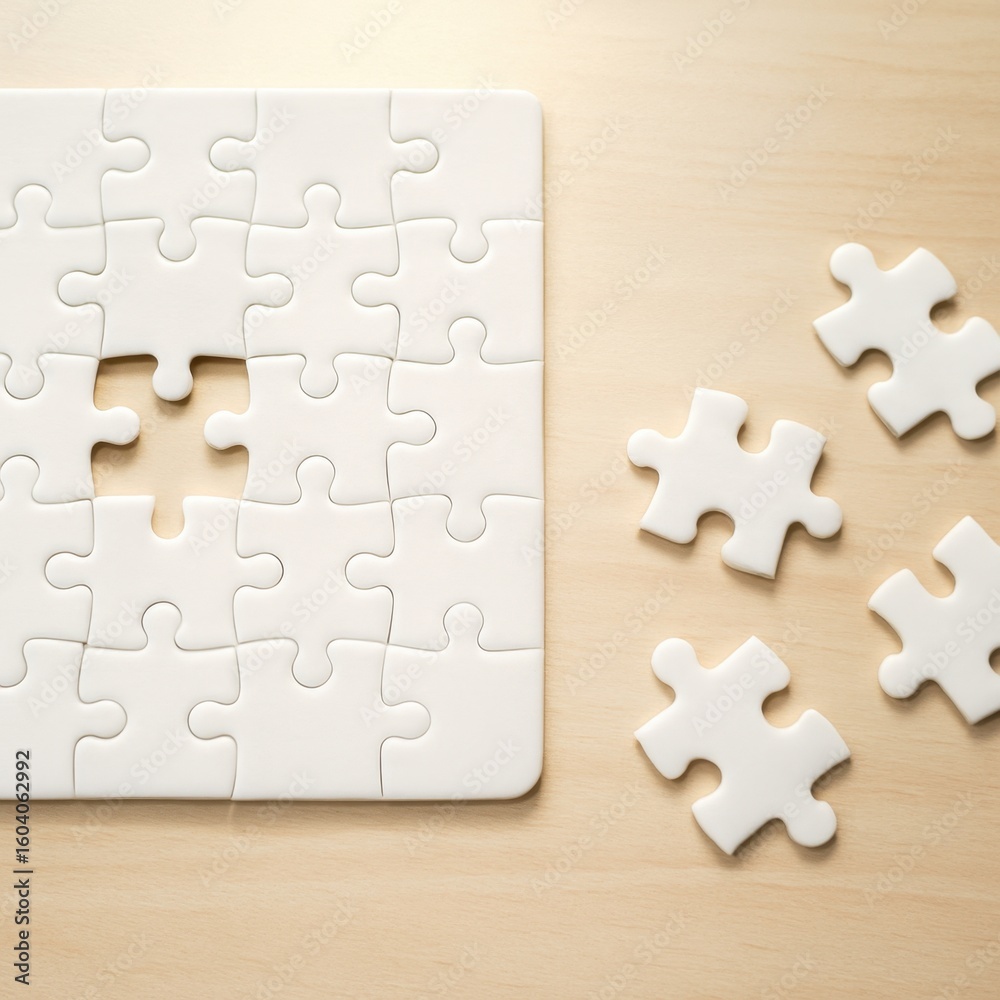 Fototapeta premium Minimalistic White Puzzle with Missing Pieces on Wooden Surface for Concept of Problem Solving and Teamwork in Creative Settings