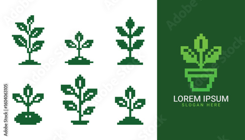 Pixel Plant Logo Set – Green 8-Bit Nature Icons for Eco, Gardening, and Digital Design

