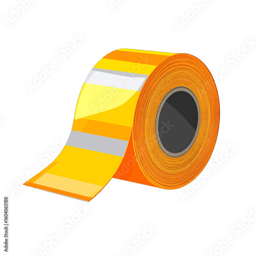 Glossy roll of unspooling reflective safety tape with yellow, orange, and silver stripes.