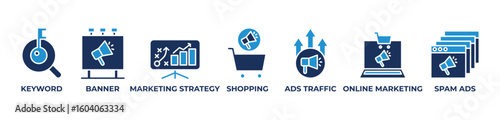 Strategic Online Marketing Icons set vector illustration with Keyword, Banner, Marketing strategy, Shopping, Ads traffic, Online marketing, Spam ads