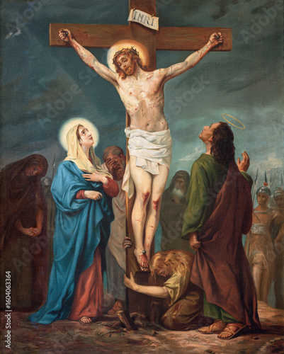 Alessandria - The painting of Crucifixion as part of Cross way stations in the church Chiesa di Santo Stefano by Luigi Morgari from 20. cent.