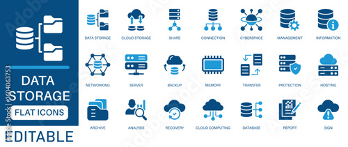 Data storage icon set. featuring cloud storage, backup, database, server, cybersecurity, networking, and file protection. Ideal for IT, tech, cloud computing, and digital infrastructure design.