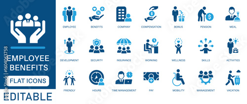 Employee Benefits Icon Set. featuring company perks like compensation, insurance, wellness, vacation, time management, pension, and more. Perfect for HR, business, and corporate visuals.