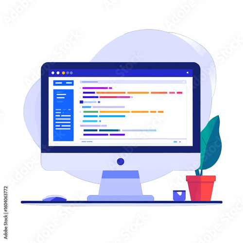 Modern desktop computer workstation with a code editor on screen, a mouse, and a plant. Flat vector illustration of a programmer's desk.