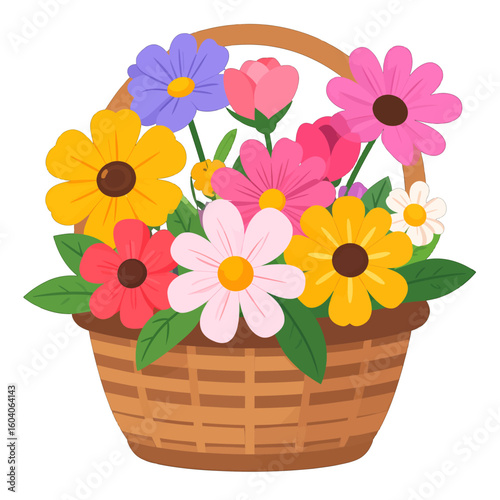 A charming cartoon illustration of a brown wicker basket filled with a vibrant bouquet of colorful spring flowers.