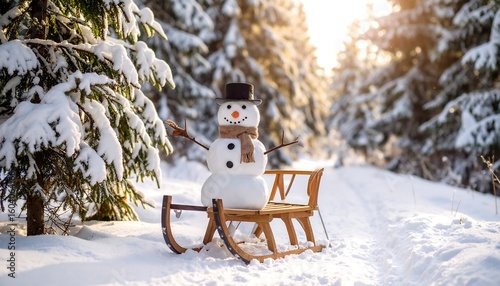 Snowman on sled in snowy forest
