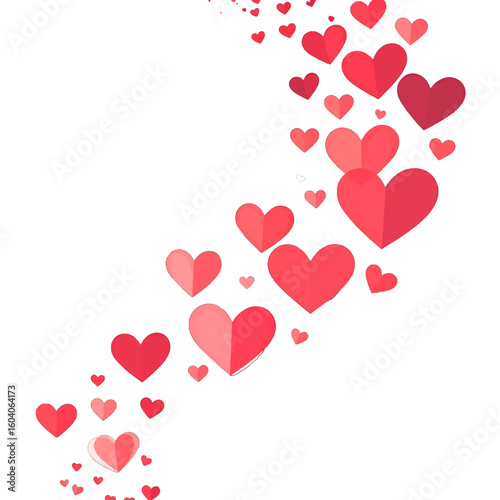 A flowing stream of red and pink paper-style hearts of various sizes.