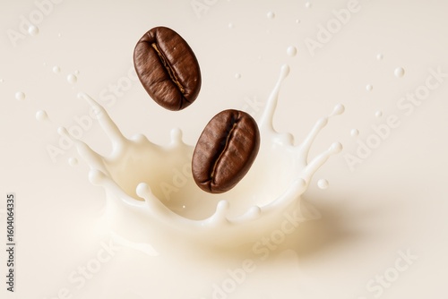 Coffee beans splash in milk creating dynamic motion, highlighting freshness, taste, and beverage culture in a minimalist and elegant composition