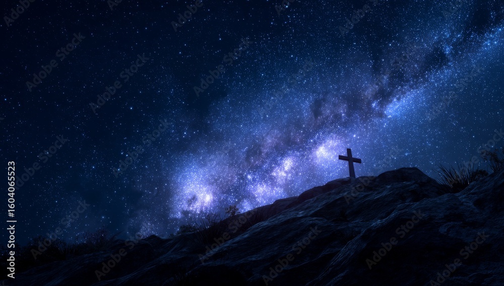 Obraz premium Against the Backdrop of a Milky Way Sky, a Cross Stands in Silhouette on Rocky Terrain, Signifying Faith, Spirituality, and Hope Amidst Hardship, Appropriate for Religious Contexts