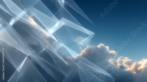 Abstract Geometrical Art With Cloudy Sky: A compelling geometrical artwork floats gracefully against the backdrop of a vast, fluffy cloudscape, painting a story of boundless creativity. 