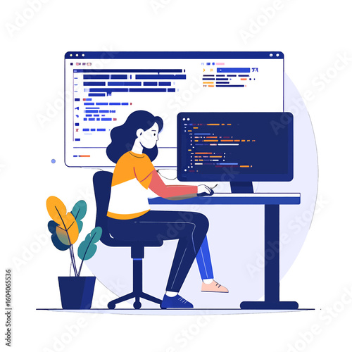 Focused female software developer coding at her desk, modern flat vector illustration.