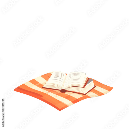 Open hardcover book with text pages resting on a cozy orange and cream striped picnic blanket.