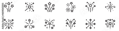 Set of firework icons. Fireworks with stars and sparks isolated on white background.Firework simple black line icons isolated on transparent background. Vector Illustration.