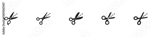 Scissors cut lines black symbols set. Isolated scissor cutting paper with dotted line icons on white background. Coupon sales signs, packaging label concept. Vector illustration. EPS 10