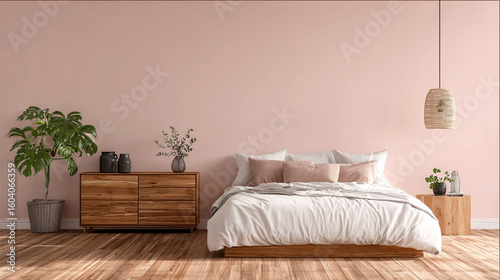 Minimalist bedroom with soft pink walls and wooden furniture 2
