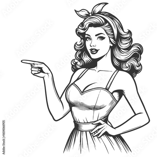 confident woman with voluminous hair pointing sideways, ideal for directing attention in designs sketch engraving generative ai fictional character vector illustration. Scratch board. Black and white.