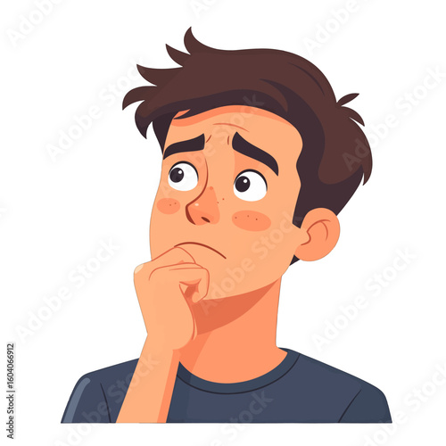 Anxious cartoon man with messy brown hair, looking up thoughtfully while biting his nails.