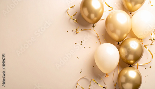 Wallpaper Mural Golden Balloons of Celebration: Glimmering golden balloons drift gently, accompanied by a cascade of confetti and ribbons against a soft background, perfect for events of happiness.  Torontodigital.ca