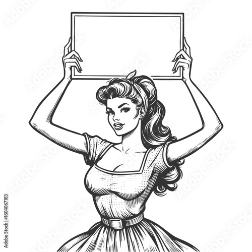 smiling woman holding a blank sign, ideal for advertisements or announcements sketch engraving generative ai fictional character vector illustration. Scratch board imitation. Black and white image.