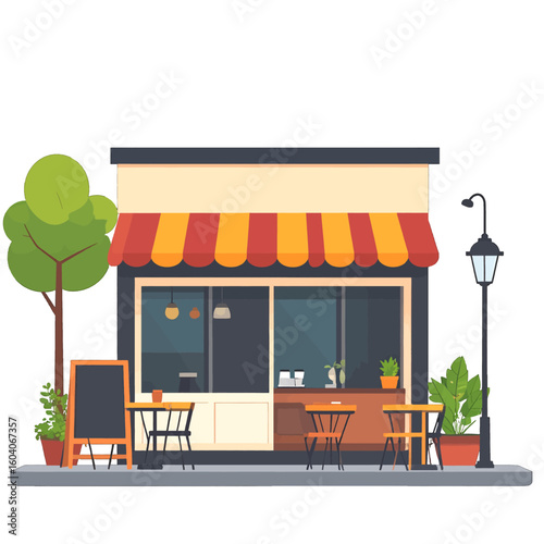 Cozy street cafe storefront with a red and yellow striped awning and outdoor seating area.