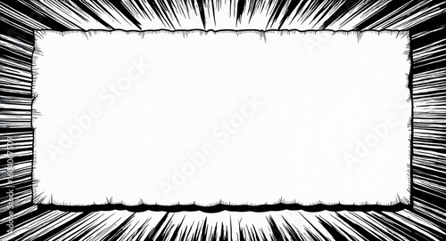 Dynamic black-and-white radial speed lines frame a white box for text. Bold strokes create dramatic manga-style impact, emphasizing motion and energy, ideal for comics or animation transitions.
