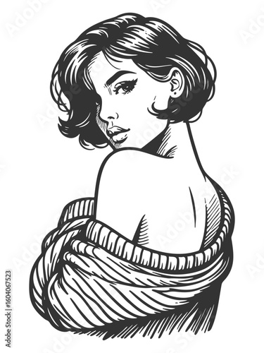 Woman in Sweater revealing shoulder sketch engraving generative ai fictional character vector illustration. Scratch board imitation. Black and white image.