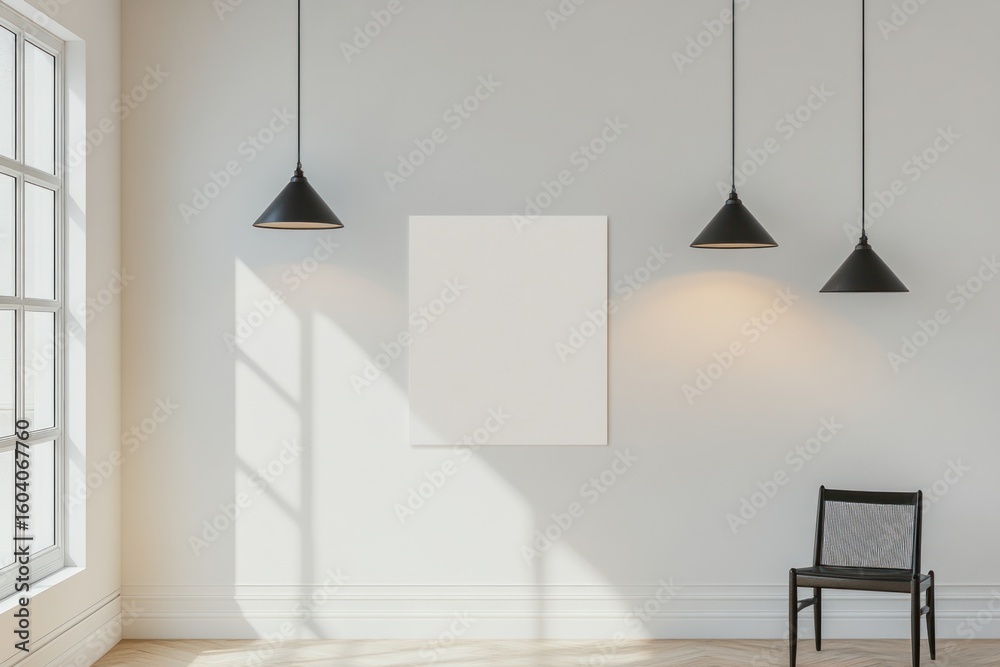 Fototapeta premium Elegant Scandinavian Interior with Blank Canvas and Chic Lighting Fixtures