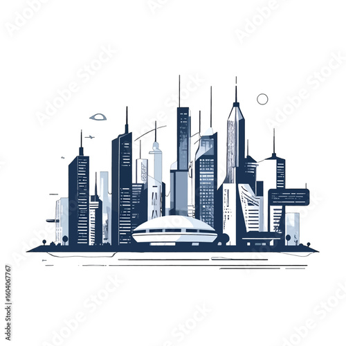 Stylized illustration of a futuristic city skyline with modern blue skyscrapers and a central dome.