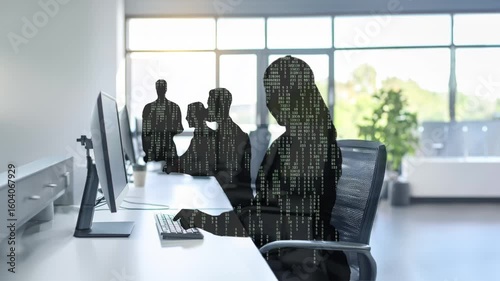 Office workers disappeared by AI.
Silhouetted office workers fill up with code. They and their equipment and their chairs then disappear leaving an empty room.