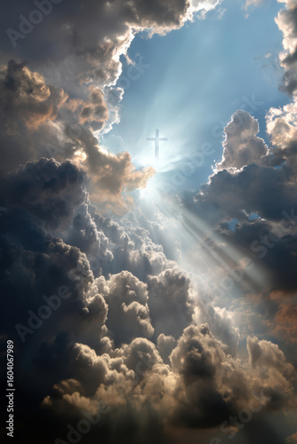 A radiant cross shines through dramatic clouds, evoking faith and spirituality.
