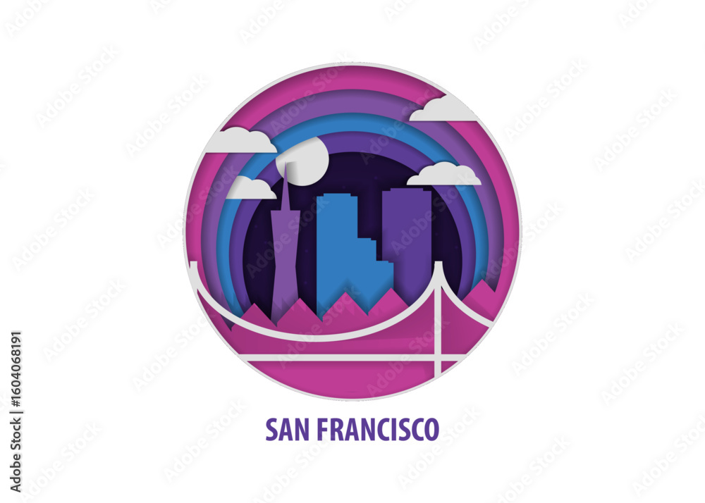 Obraz premium San Francisco paper cut, cityscape crafted vector illustration. Origami, layered art of USA, California state city with skyline, buildings, landscape shape for sticker, badge, web, print