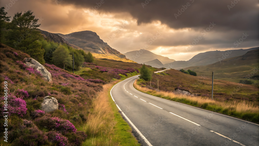 Fototapeta premium Road to Serenity: A picturesque road winds its way through a rugged mountain landscape under a dramatic sky.