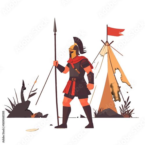 Stylized ancient warrior in plumed helmet and red cloak standing guard with a long spear.