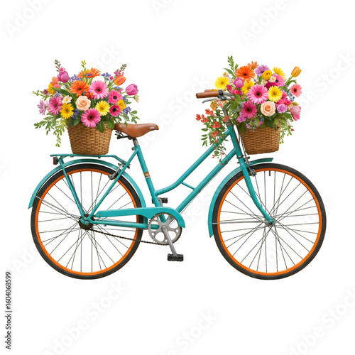Colorful bicycle with basket decorated for spring outdoor riding