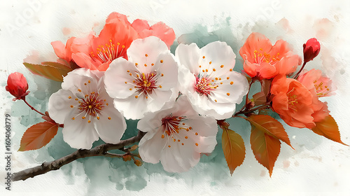 Cherry Blossom Branch: Delicate cherry blossom branch in bloom, with pristine white petals accented by vibrant peach-colored blossoms. A celebration of spring's beauty.