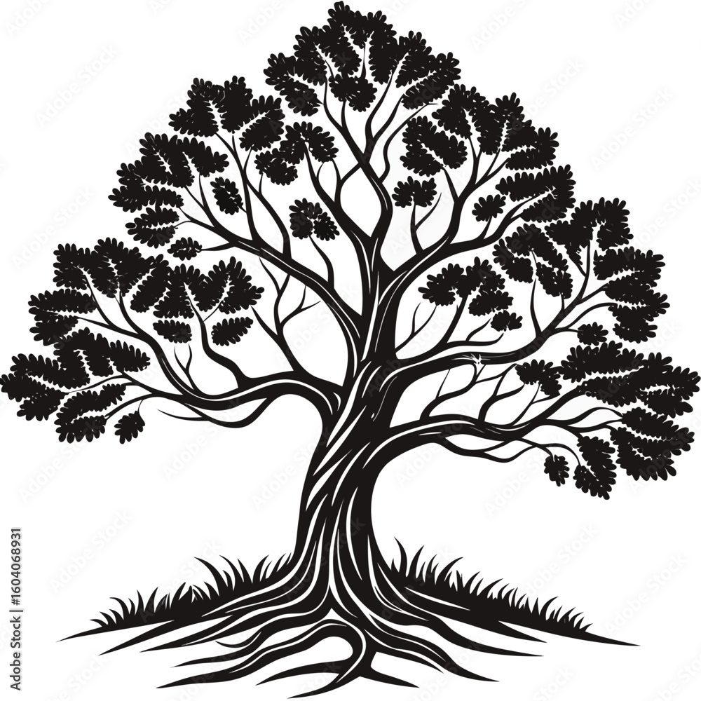 Obraz premium Black and White Stylized Tree Silhouette with Visible Roots and Grass