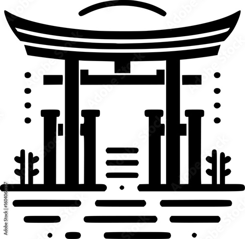 minimal black and white vector icon of a torii gate symbol, bold lines and traditional sacred japanese style